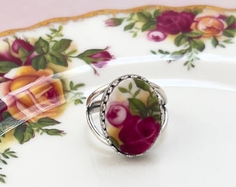 Old Country Roses Broken China Jewelry, Unique Romantic Gifts for Women, Adjustable Silver Ring, Royal Albert China Jewelry