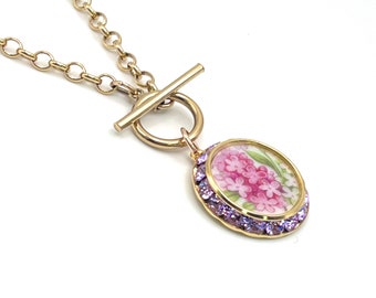 Gold Toggle Necklace, Lilac Flower Broken China Jewelry, Unique 15th Anniversary Crystal Gift for Wife