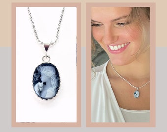 Blue Cat Cameo Necklace Gift for Her Anniversary Jewelry Silver Cameo Pendant Unique Gifts for Women