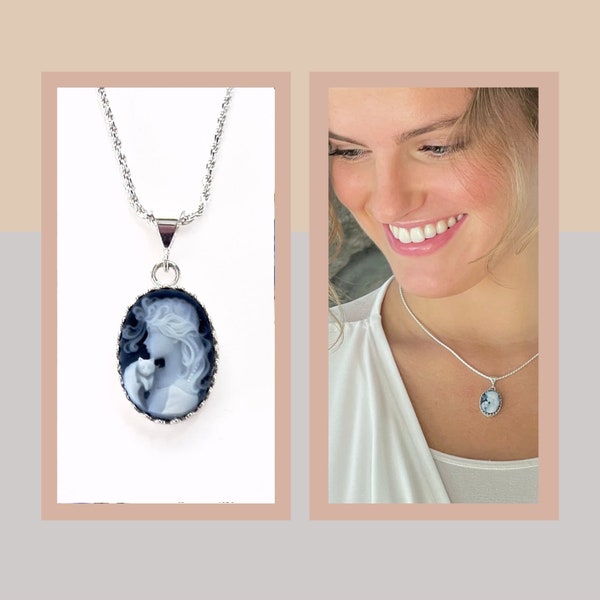 Blaue Katze Cameo Halskette Geschenk für Sie Jahre Schmuck Silber Cameo Anhänger Einzigartige Geschenke für Frauen