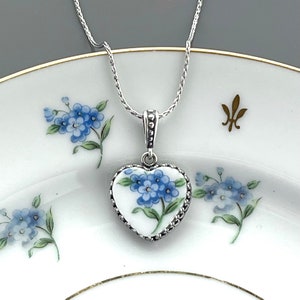 20th Anniversary China Gift for Wife, Sterling Silver Forget Me Not Necklace, Romantic Broken China Jewelry, Handmade Heart Necklace image 3