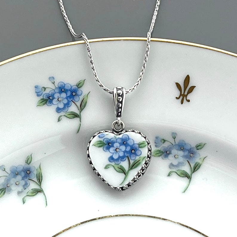 20th Anniversary China Gift for Wife, Sterling Silver Forget Me Not Necklace, Romantic Broken China Jewelry, Handmade Heart Necklace image 3