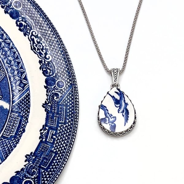 Sterling Silver Love Birds China Necklace, Broken China Jewelry, 20th Anniversary Gift for Wife, Blue Willow Ware Vintage China Jewelry