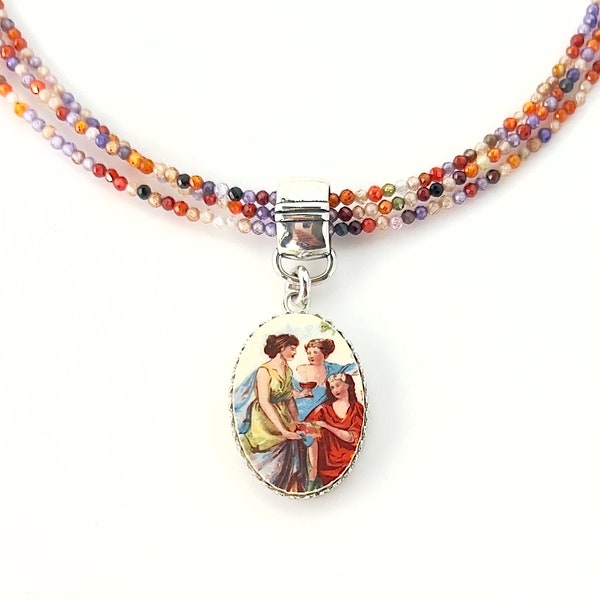 Three Graces Necklace, Goddess Vintage Broken China Jewelry, Triple Strand Zircon Gemstones