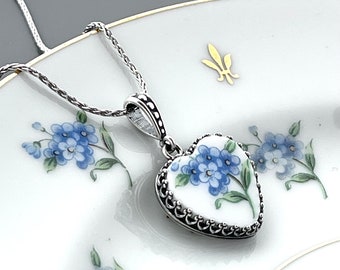 20th Anniversary China Gift for Wife, Sterling Silver Forget Me Not Necklace, Romantic Broken China Jewelry, Handmade Heart Necklace