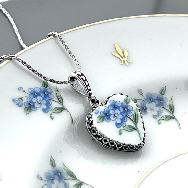 20th Anniversary China Gift for Wife, Sterling Silver Forget Me Not Necklace, Romantic Broken China Jewelry, Handmade Heart Necklace