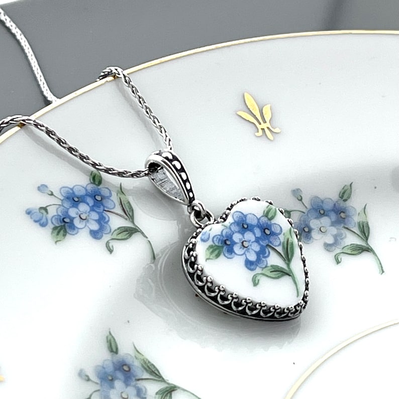 20th Anniversary China Gift for Wife, Sterling Silver Forget Me Not Necklace, Romantic Broken China Jewelry, Handmade Heart Necklace image 1