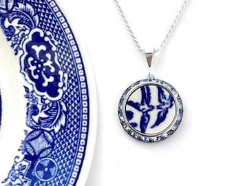 Love Birds China Necklace, Broken China Jewelry, Romantic 20th Anniversary Gift for Wife, Vintage Blue Willow Ware China