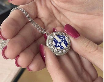 Love Birds Locket Necklace, Romantic 20th Anniversary China Gift for Wife, Vintage Blue Willow Photo Locket