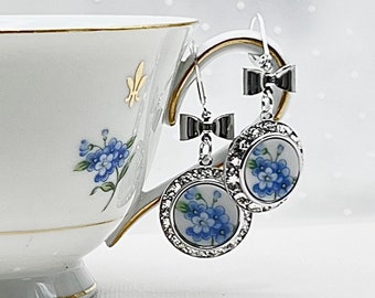 Crystal Forget Me Not Earrings, Broken China Jewelry, Unique Cottagecore Jewelry, Vintage Porcelain