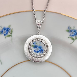 Forget Me Not Flower Locket Necklace, Broken China Jewelry, Unique Anniversary Gifts for Women, Vintage Photo Locket, Gifts for Her