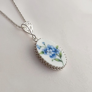 Broken China Jewelry, Forget Me Not Flower Necklace, Vintage China Necklace, 20th Anniversary Gift for Wife, Repurposed Jewelry