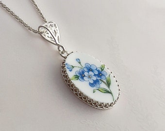 Broken China Jewelry, Forget Me Not Flower Necklace, Vintage China Necklace, 20th Anniversary Gift for Wife, Repurposed Jewelry