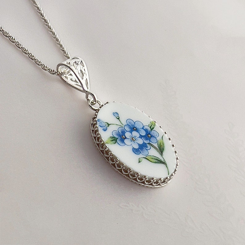 Broken China Jewelry Forget Me Not Flower Necklace Vintage - Etsy