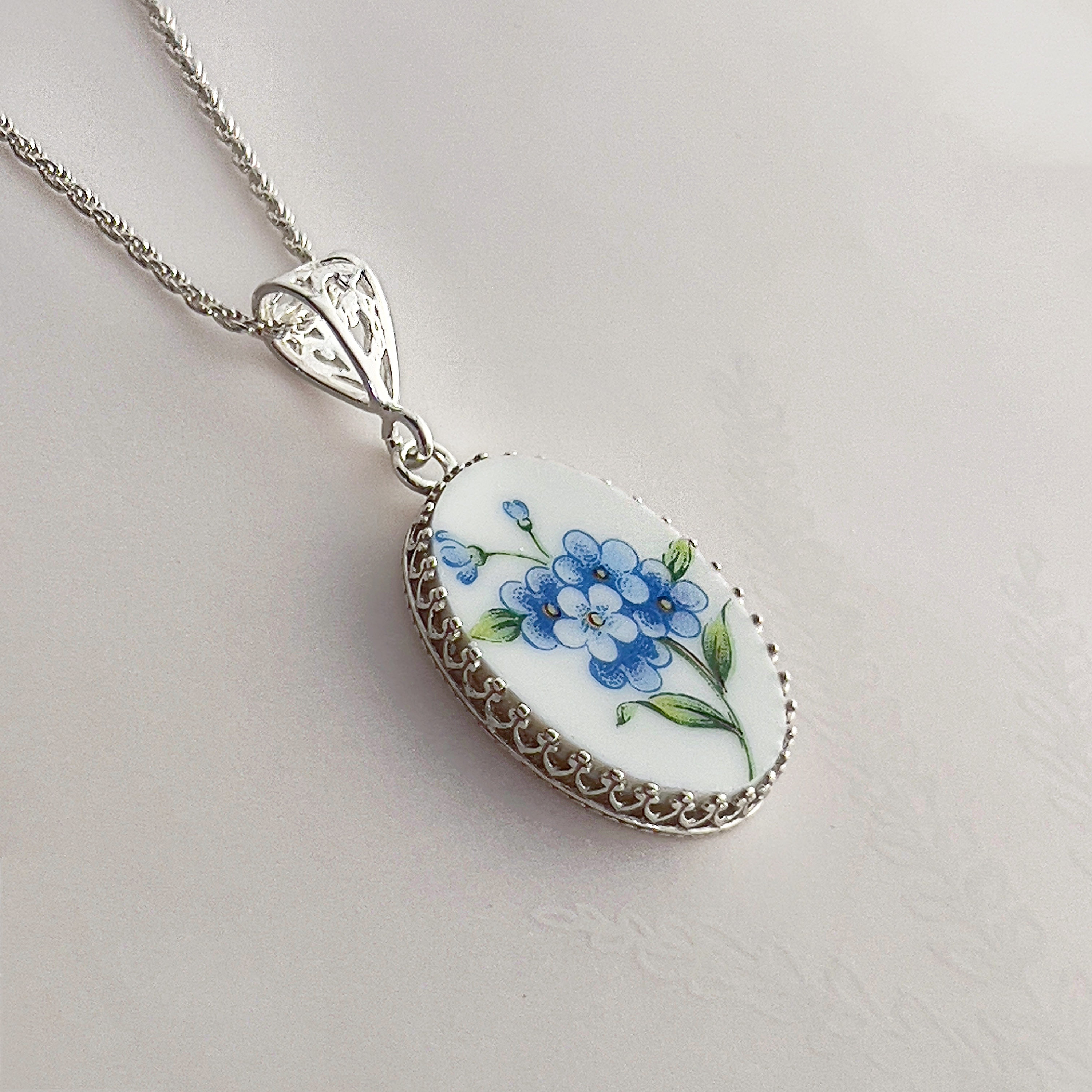 Broken China Jewelry, Forget Me Not Flower Necklace, Vintage