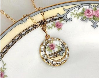Victoriaanse roos porseleinen ketting, 18e huwelijksverjaardag cadeau voor vrouw, gouden gebroken porseleinen sieraden