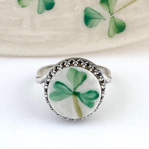 Sterling Silver Irish Ring, Belleek Broken China Jewelry, Celtic Ring, Adjustable Ring, Unique Gifts for Women, Clover Ring, Good Luck Gifts image 1