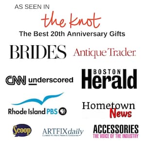 May include: Image displaying logos of media publications including "the knot", "BRIDES", "CNN underscored", and "Boston Herald". Text states "The Best 20th Anniversary Gifts" and "AS SEEN IN". Other logos include "Antique Trader", "Rhode Island PBS", and "Hometown News".