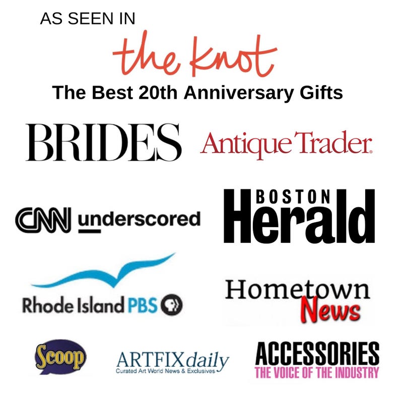 May include: Image displaying logos of media publications including "the knot", "BRIDES", "CNN underscored", and "Boston Herald". Text states "The Best 20th Anniversary Gifts" and "AS SEEN IN". Other logos include "Antique Trader", "Rhode Island PBS", and "Hometown News".