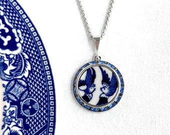 Love Birds China Necklace, Romantic 20th Anniversary Gift for Wife, Crystal Blue Willow Jewelry