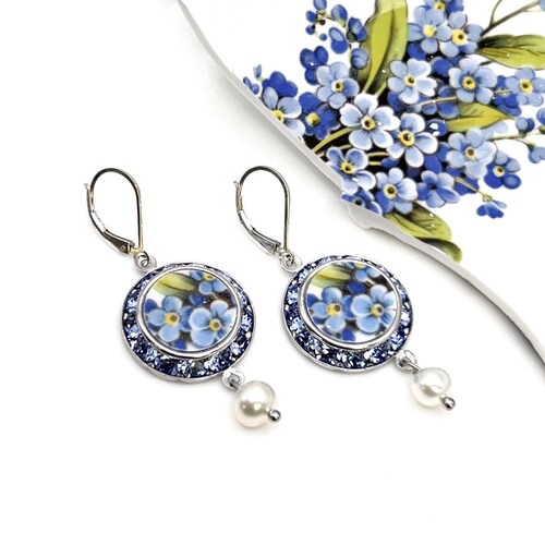Crystal and Pearl shops Drop Earrings, Broken China Jewelry, Blue Forget Me Nots