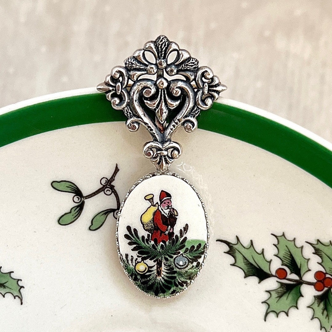 Spode Pin Victorian Pin, Santa Broken China Jewelry, Sterling Silver, Spode ...