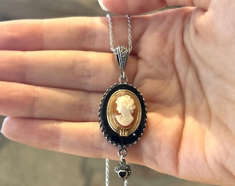 Vintage Italian Shell Cameo,  Black Onyx and Marcasite Jewelry, Victorian Gifts for Her