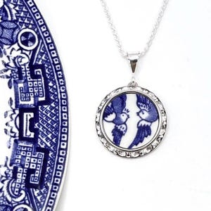 Love Birds China Necklace, Broken China Jewelry, Romantic 20th Anniversary Gift for Wife, Vintage Blue Willow Ware China