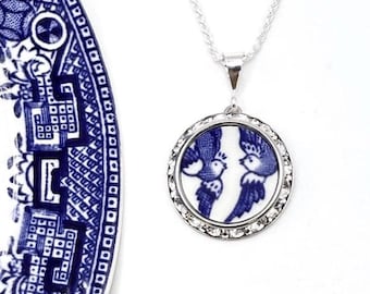 Love Birds China Necklace, Broken China Jewelry, Romantic 20th Anniversary Gift for Wife, Vintage Blue Willow Ware China