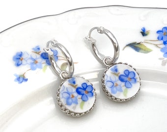 Forget Me Not Hoop Earrings, Unique Romantic Gifts for Wife, Broken China Jewelry, Sterling Silver Earrings, 20th Anniversary Gift