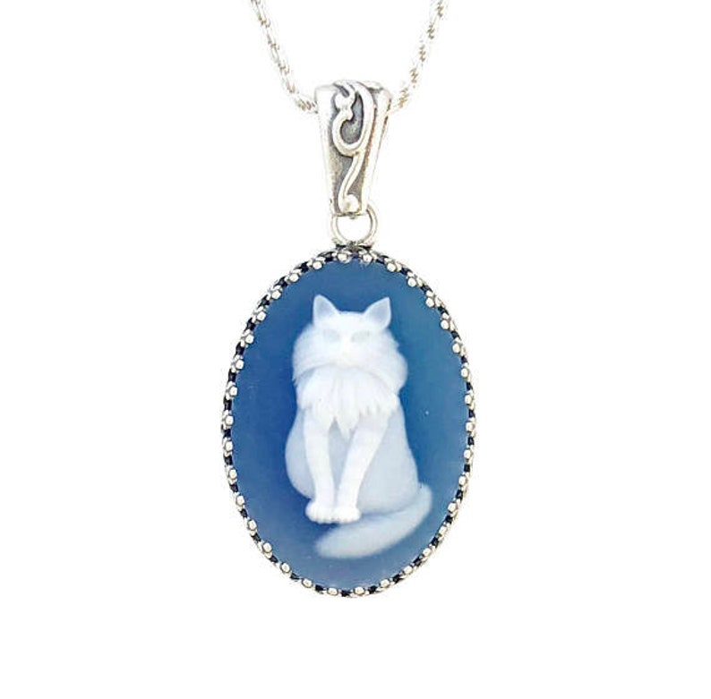 Blue Cameo Cat Necklace Romantic Anniversary Gift for Wife Sterling Silver Cat Jewelry