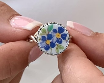 Adjustable Silver Flower Ring, Forget Me Not Broken China Jewelry, Unique Gifts for Women