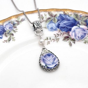 Royal Albert Moonlight Rose Broken China Jewelry, 20th Anniversary Gift for Wife, Blue Rose Pearl Necklace, Unique Gifts for Women