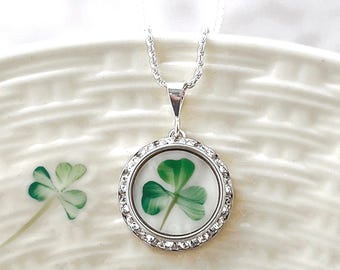 Celtic Shamrock Necklace, Belleek Broken China, Irish Jewelry, Crystal Necklace, Unique Gifts for Women