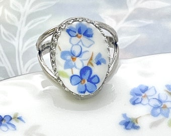 Adjustable Silver Flower Ring, Forget Me Not Broken China Jewelry Ring, Unique Graduation Gift for Girls