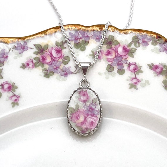 Shabby Pink Roses Broken China Jewelry Sterling Heart Charm Pendant Necklace