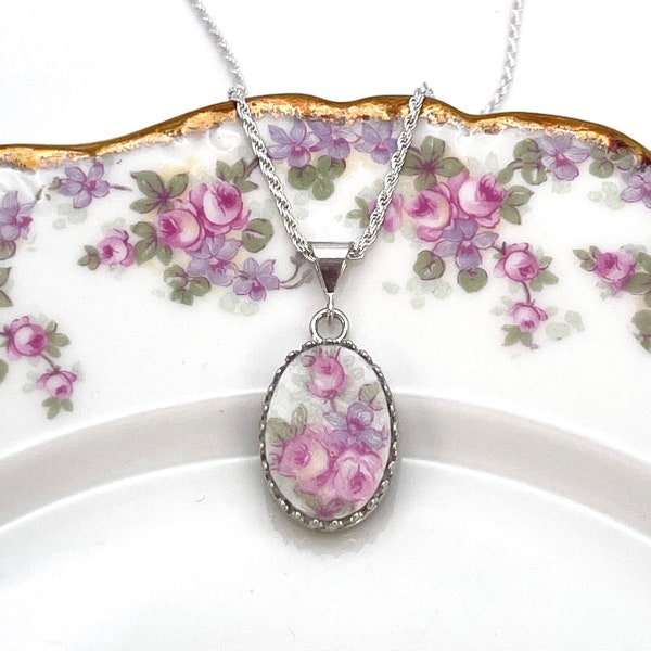 Franse Limoges gebroken China sieraden, sierlijke roze rozen minimalistische ketting, uniek verjaardagscadeau voor vrouw, handgemaakte sieraden cadeaus voor vrouwen