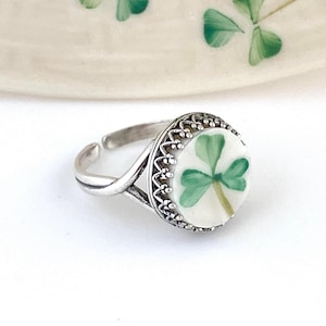 Sterling Silver Irish Ring, Belleek Broken China Jewelry, Celtic Ring, Adjustable Ring, Unique Gifts for Women, Clover Ring, Good Luck Gifts image 3