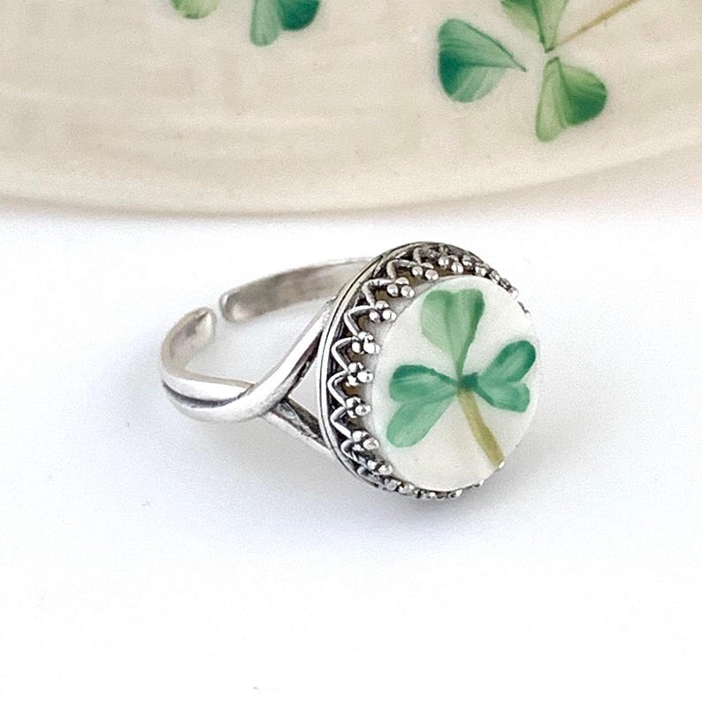 Sterling Silver Irish Ring, Belleek Broken China Jewelry, Celtic Ring, Adjustable Ring, Unique Gifts for Women, Clover Ring, Good Luck Gifts image 3