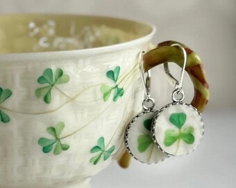 Belleek Celtic Earrings, Sterling Silver Dangle Earrings, Vintage Irish Belleek Broken China Jewelry, 20th Anniversary Gift for Wife