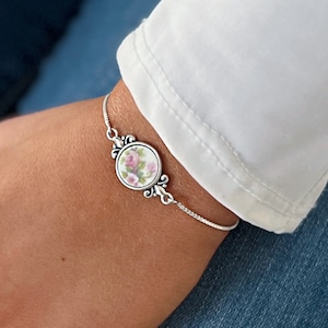 Dainty Pink Rose Bolo Bracelet, Adjustable Sterling Silver Bracelet, Broken China Jewelry, Limoges Porcelain Bracelet, Handmade Jewelry