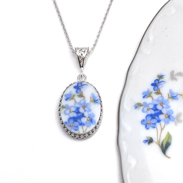 Broken China Jewelry, Forget Me Not Flower Necklace, Vintage Porcelain Necklace, Romantic 20th Anniversary Gift for Wife