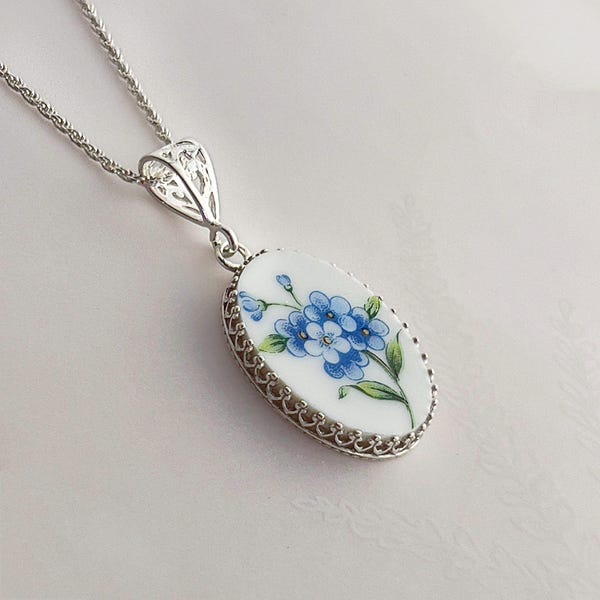 Broken China Jewelry, Forget Me Not Flower Necklace, Vintage China Necklace, 20th Anniversary Gift for Wife, Repurposed Jewelry