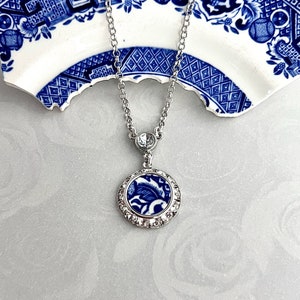 Vintage Blue Willow China Necklace, Crystal Jewelry, Unique 20th Wedding Anniversary Gifts for Wife, Willow Ware Broken China Jewelry