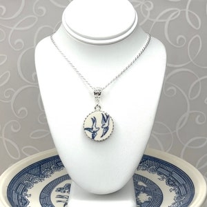 Love Birds Vintage Blue Willow Ware China Necklace, Romantic 20th Anniversary Gift for Wife, Broken China Jewelry, Sterling Silver Jewelry