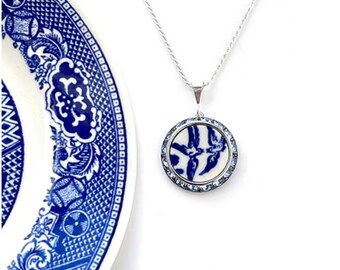 Love Birds China Necklace Broken China Jewelry Romantic 20th Anniversary Gift for Wife Vintage Blue Willow Ware China