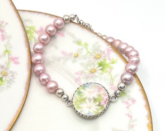 Pink Pearl Daisy Bracelet, Antique Limoges Porcelain, 18th Anniversary Gift for Wife