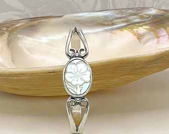 Vintage Shell Cameo Bracelet, Sterling Silver, White Mother of Pearl Flower Jewelry, Unique Gift for Her