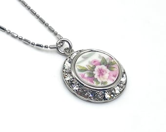 Dainty Pink Limoges Crystal Necklace, Unique Porcelain 18th Wedding Anniversary Gifts for Wife