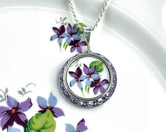 20th Anniversary China Gift for Wife, Purple Violets Broken China Jewelry, Unique Gifts for Wife